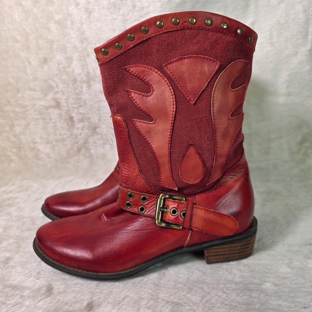 Spring Step Western Ankle Boots Red Leather Suede Studded Buckle Womens 38 7 7.5